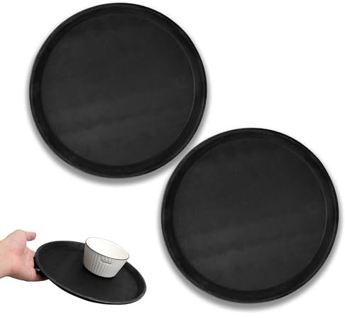 YKUKIZEE 2 Pack Round Bar Tray Non Slip, Black Drink Tray 11 inch Rubber, 28cm Restaurant Serving Food Tray for Hotel Coffee Party Gaterings Cafeteria Kitchen Home