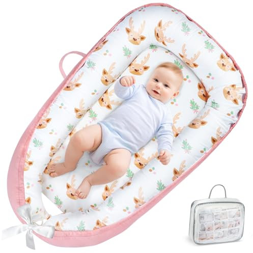 URMYWO Babynestchen Neugeborene - Nestchen Baby 90x50 cm - Kokon Handmade zweiseitig Reisebett für Babys aus 100% Baumwolle - Baby Nest(pink Hirsch)
