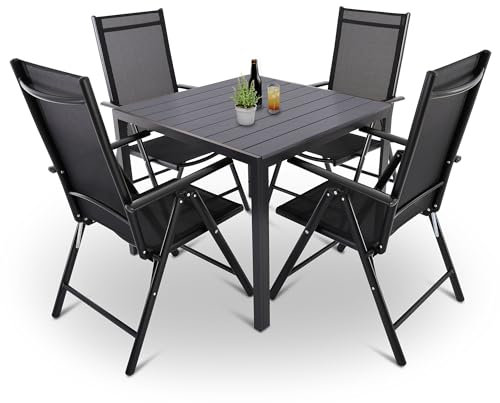 Raburg Gartenmöbel-Set, Moderne Sitzgruppe, 4 Stühle (klappbare Hochlehner) Tisch 90x90cm, wetterfestes Alu, Garnitur für Garten, Terrasse & Balkon, Norvey, Schwarz/Schwarz|Anthrazit-Schwarz