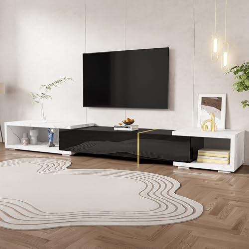 Mueble de TV Moderno de Longitud Variable (140-260 cm), Mueble TV Bajo con Función Giratoria, Efecto Mármol Blanco, Acabado Negro Mate Brillante y Decoraciones Doradas, Mueble TV Salon Minimalista