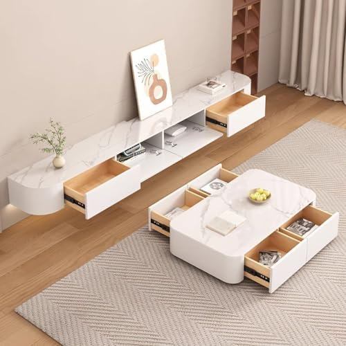 XDXINY Schwebender TV-Schrank mit Schubladen, TV-Konsole mit integriertem Kabelmanagement, Multimedia-TV-Konsole, Massivholz-TV-Schrank mit Stauraum (montagefrei) (Weiß-Stein, 220CM/86.6IN)