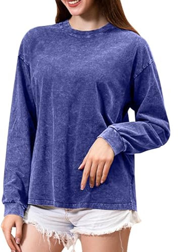 Retro Basic Sweatshirt Damen Langarm,Vintage Pullover Damen Herbst Rundhals Acid Wash Baumwolle,Einfarbig Pulli Frauen ohne Kapuze Casual Warme Sweater Sweatshirts Teenager Mädchen Streetwear