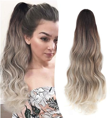 Gairyan 50cm Pferdeschwanz Haarteil Zopf Extensions Lang Lockige Claw Clip in Ponytail Extension Synthetik Haarextensions Gewellt Haarteil Haarverlängerung, Braun Ombre Platinblond mix Braun