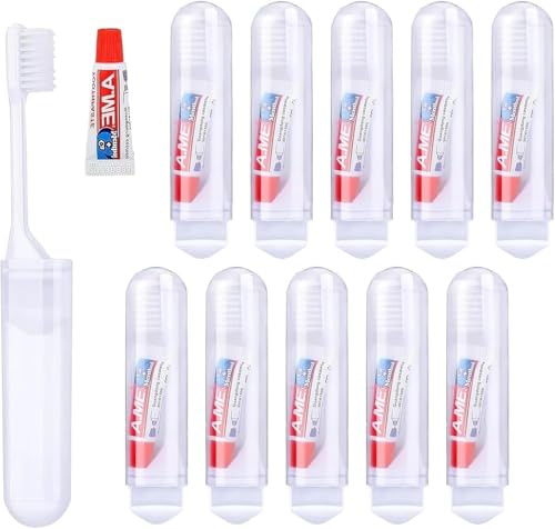 10 Stück Reisezahnbürste Klappbar, Reisezahnbürste mit Zahnpasta, Klappbar Reise Zahnbürste Set Travel Toothbrush Mini Zahnbürste für Unterwegs Camping Reisen Menschen (Weiß)