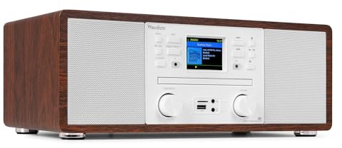Audizio Avola - Radio Digital Dab/FM con Bluetooth, WiFi y CD en Color Blanco y Madera, Altavoz estéreo 60W, Radio Despertador con Pantalla a Color, USB, AUX y diseño Elegante Natural