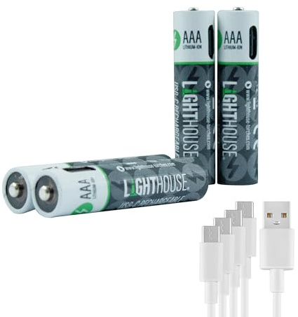 Lighthouse AAA USB-C Rechargeable Batteries Pack of 4 – 400mAh Li-Ion 1.5V Battery Four Pack with Fast 2h Charge, Up to 1200 Charge Cycles & Included 4-in-1 USB-A to USB-C Charging Cable
