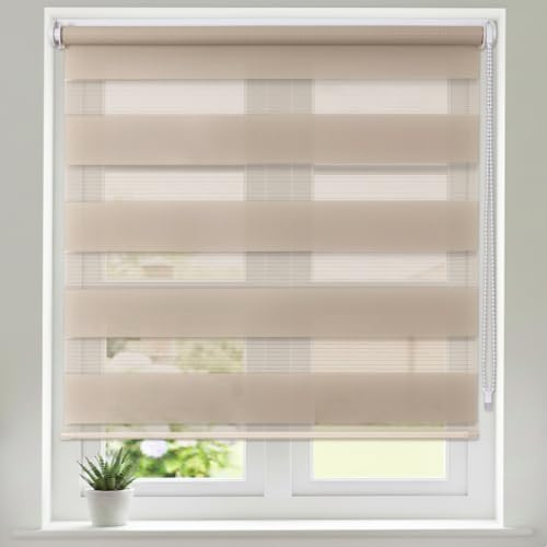 Maritown No Drill Day and Night Zebra Roller Blinds for Windows Easy Fit | 3-in-1 install, Stick on, Light Control, Privcy, UV Protection, for Bedroom Kitchen Bathroom, Door, Office, Renter Friendly
