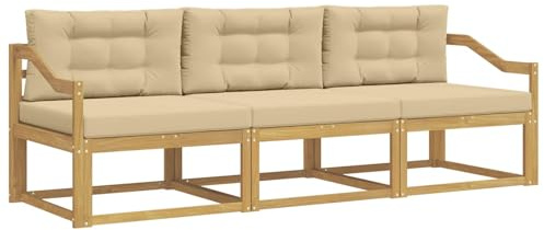 vidaXL Outdoor-Sofagarnitur mit Kissen 3 pcs Weiß und Beige Polyester, Akazienholz Sofa Set für draußen, modernes Loungemöbel, Flexibler Gartenplatz, wetterfeste Einrichtung