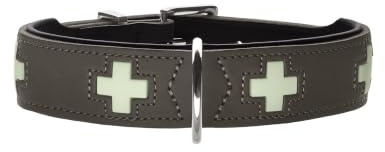 HUNTER Hundehalsband Swiss Glow aus weichem Rindsleder, Fluoreszierende Kreuze leuchten im Dunkeln, handgenäht, Made in Germany, Farbe: steingrau, Größe: 55