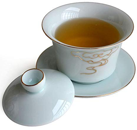Gaiwan cinese Sancai - Set da tè con vassoio, tazza, piattino, coperchio, filo dorato delicato