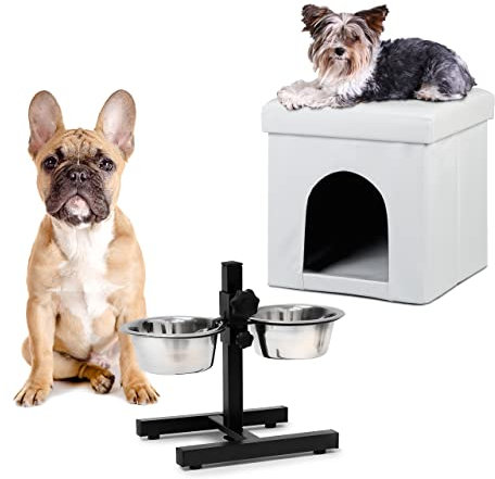 Relaxdays 2 TLG Set Home Sweet Hund Deluxe M, Hundebox weiß, Sitzhocker mit Tierhöhle, Doppelnapf höhenverstellbar, Futterstation