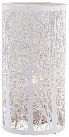 Unique and Beautiful Matt White Metal Forest Design Table Lamp with Cable Switch When Lit The Light Escapes Through The Gaps and Casts The Forest Against The Table by Happy Homewares