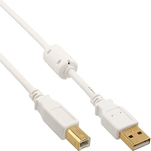 InLine® Cable USB 2.0 A a B, color blanco y dorado, con núcleo de ferrita, 1,5 m