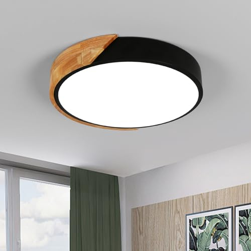 Riserva LED Deckenleuchte Rund 24W, Holz, Schwarz, 6500K Kaltweiß, 30cm | Deckenlampe Modern für Wohnzimmer, Balkon, Flur, Küche, Babyzimmer, Schlafzimmer, Kinderzimmer