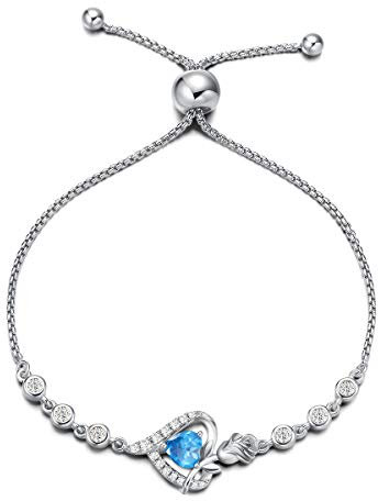 Agvana Damen Armband Herz, 925 Sterling Silber Geburtsstein Armbänder, März Geburtsstein Erstellt Aquamarin Rose Blume Herz Verstellbare Armband Edlen Schmuck Geschenk für Frauen Ehefrau Mama