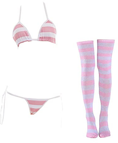 SINROYEE Ensemble de lingerie sexy pour femme - Maillot de bain bikini à rayures avec chaussettes hautes rayées, Bikini Large Rayé Rose, taille unique