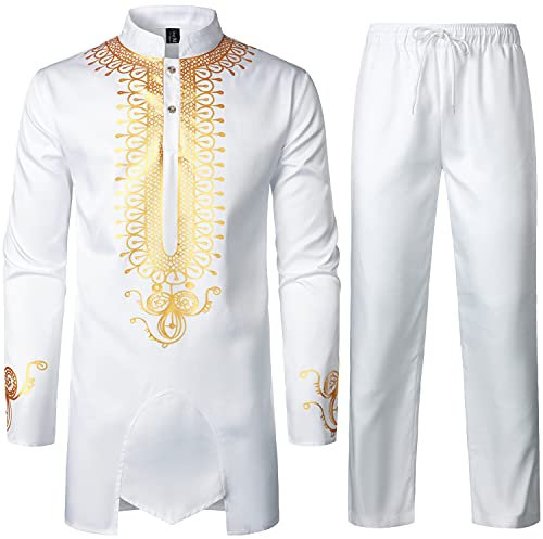 LucMatton – Tenue 2 pièces pour homme, tunique traditionnelle à motif doré et pantalon, costume ethnique, Blanc/doré, Small