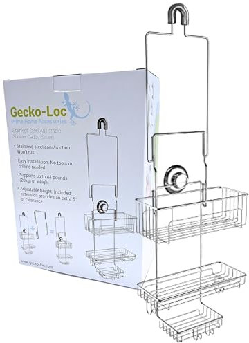 Gecko-Loc Exklusiver langer verstellbarer Badezimmer-Dusch-Organizer über dem Duschkopf-Aufhänger und wandmontierter Saugnapf – tiefe Aufbewahrungskörbe für große Shampoo-Flaschen (silberfarben)