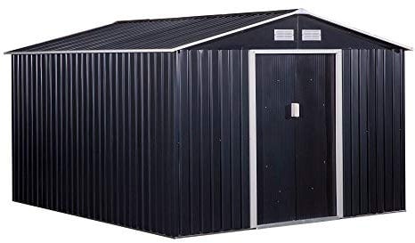 Outsunny Caseta de Jardín Exterior 8,3 m² 277x322x192 cm Efecto Madera Cobertizo de Jardín Exterior con Puerta Corredera Techo Inclinado Base Refuerzo (Suelo NO Incluido) y 4 Ventanas Gris Oscuro