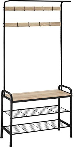 tectake® Garderobenständer Sitzbank, Garderobenleiste Haken, Wandgarderobe mit Ablage, Kleiderständer, Schuhregal, Schuhbank, offener Kleiderschrank, Flurgarderobe- Industrial Holz hell, Eiche Sonoma