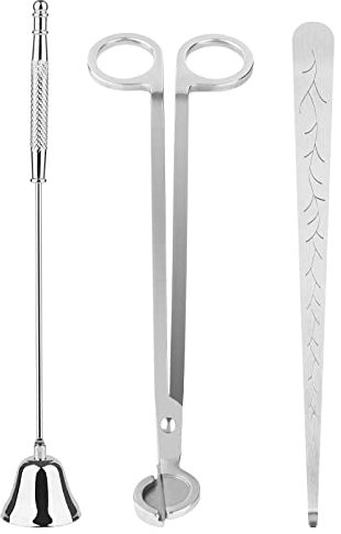 Kirecoo 3 in 1 Kerzen-Zubehör-Set, Kerzendochtschneider, Kerzenlöscher, Dochtlöffel, Kerzenpflegeset mit Dochtschneider, Kerzendochtlöffel und Kerzenlöscher für Kerzenliebhaber (Silber)