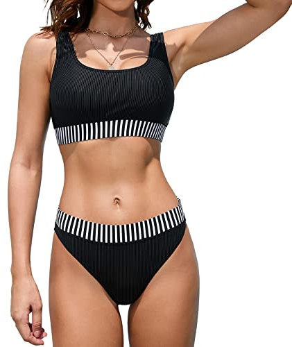 iSLASISIA Damen Sport Badeanzüge Zweiteiliger Crop Top Gerippter Bikini mit frechem Unterteil(Schwarz & Streifen,EU38)