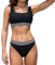 iSLASISIA Damen Sport Badeanzüge Zweiteiliger Crop Top Gerippter Bikini mit frechem Unterteil(Schwarz & Streifen,EU38)