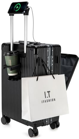 feilario Hardside Expandable Spinner Wheel Luggage, Built-in TSA Lock Carry on Suitcase, with Cup Holder & Phone Holder, Black, 20 inches, Bussiness