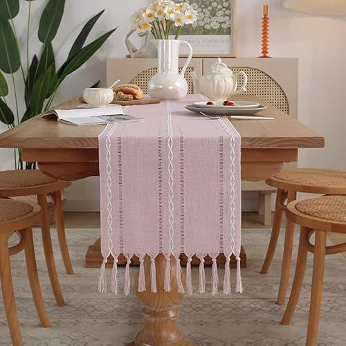 Kitchen Table Runner, Chemin de Table en Tissu Rose Poudré Coton Découpe avec Pompons pour Canapé Écharpe Décor 275X33cm