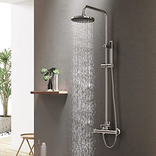 Meykoers Duschsystem mit Thermostat Rund Dusche Regendusche Set Duscharmatur Duschgarnitur mit Edelstahl Duschstange, D20cm Kopfbrause, Handbrause, Thermostat und 1,5m Schlauch