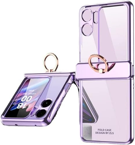 Unichthy Clear Case for OPPO Find N2 Flip Case with Metal Ring Holder, Shiny Plated Frame Shockproof Cover with Hinge Protection Transparent Official Phone Case for OPPO Find N2 Flip 5G 2023 Lavender