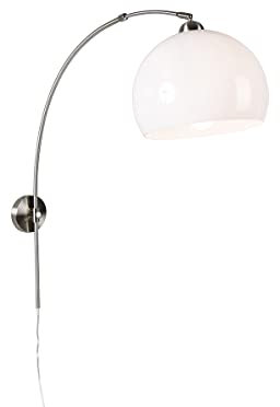 Qazqa - Modern Smarte WandBogenleuchte I Bogenlampe I Lampe I Leuchte aus Stahl I Silber I nickel matt mit weißem Schirm inkl. WLAN A60 - Bow Dimmer I Dimmbar I Wohnzimmer I Schlafzimmer - Stahl Rund