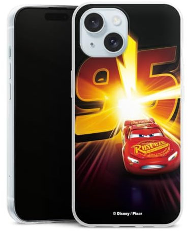 Slim Case extra dünn kompatibel mit Apple iPhone 15 Silikon Handyhülle transparent Hülle Offizielles Lizenzprodukt Cars Lightning McQueen 95