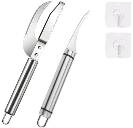 Wjwumha 2Pcs Garnelen Deveining Tool Fisch Scaler Set, Garnelen Schäler, Multifunktions Fisch Cutter Reiniger Messer, Edelstahl Küche Meeresfrüchte Werkzeug, 2 Haken