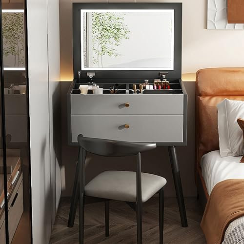 MMOU Schminktisch mit LED Beleuchtung Einstellbarer Helligkeit Flip-Top-Spiegel Kosmetiktisch mit Schubladen, Lagerfächer und Hocker, Schlafzimmermöbel (Size : Chair, Color : Gray)