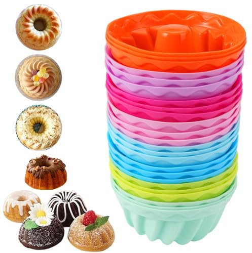 HIKPACKER 24 Pezzi Stampo per Gugelhupf in Silicone, Piccoli Stampi Flessibili per Muffin Riutilizzabili Pirottini in Silicone, Senza BPA, per Muffin, Ciambelle, Budini, Gelatine, Torte(8 colori)