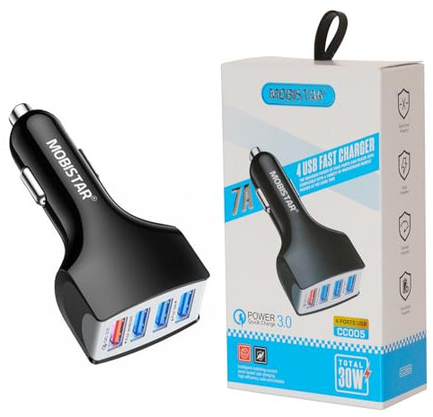 MOBISTAR Car Charger USB Adapter, 30W QC 3.0 4-Ports Universal Car Phone Charger 7A Fast Charging Cigarette Lighter USB Charger Compatible with iPhone 14/13/12 Samsung S22/S21/A51/A73, Tablets, Etc