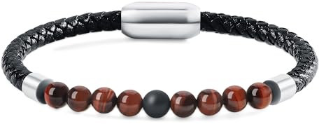 COAI Bracelet Cuir Tressé Œil de Tigre Rouge Onyx Mat Homme M 21.5cm
