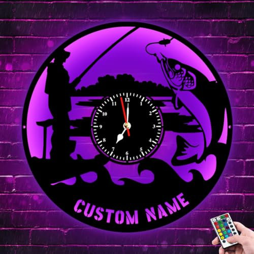LED-Wanduhr, personalisierbar, mit individuellem Namen, beleuchtet, LED-Metall-Wanduhr, leise, nicht tickende Uhr für Vater, Angler, Angelbegeisterte, Geschenke, Männerhöhle, Bauernhaus-Dekor (Stil 1)