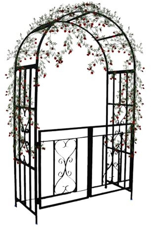 Rankbogen Metall Geschwungen Gartenbogen Rosenbogen Pulverbeschichteter Wetterfest 210cm Hoch X 114cm Breit Für Outdoor Außenbereich, Gartendeko Verschiedene Kletterpflanzen Mit Tor ( Color : Schwarz