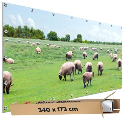 TRIOSK Große Motivplane Sichtschutz Zaunblende mit Motiv Schafweide Schafe Schafherde Wiese Motivbanner Garten Deko Plane Blickdicht für Zaun Terrasse Gartenzaun Zaunplane PVC 340x173 cm