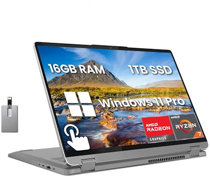 Lenovo IdeaPad Flex 5 2-in-1 Laptop, 16 WUXGA Touchscreen, AMD Ryzen 7 7730U, 16GB RAM, 1TB SSD, AMD Radeon Graphics, Fingerprint Reader, Wi-Fi 6, Win 11 Pro, Grey, 128GB Hotface USB Card