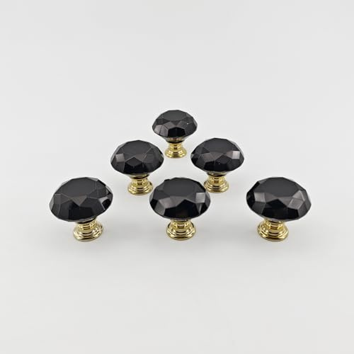 HSWMSP Lot de 6 boutons d'armoire en verre noir et doré de 3 cm en cristal de diamant pour tiroir de commode, décoration de meubles de salle de bain et bocaux de rangement (6 noirs et dorés)