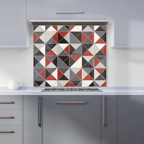 Premium Grey Red Triangle Geometric Kitchen Splashback 6mm Toughened Glass Kitchen Splashback – Heat Resistant Splashback for Kitchens, Perfect for Cookers and Hobs, Polished Edges