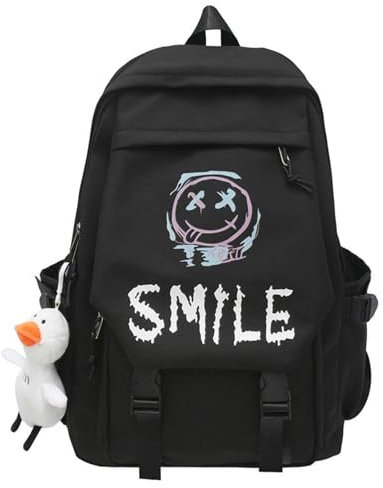 LKMB Schulrucksack Student Rucksack Süßes Lächeln -Paar Rucksack Mit Großer Kapazität Flip Bag Rucksack-schwarzer Smiley