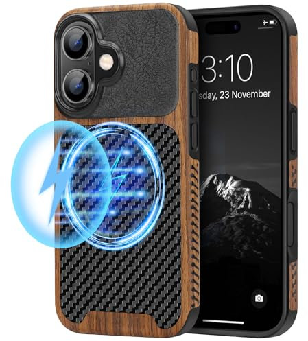 TENDLIN Magnetische Schutzhülle Kompatibel mit iPhone 16 Hülle Holz und Carbon Textur Design Leder Hybrid Handyhülle (kompatibel mit MagSafe) Schwarz