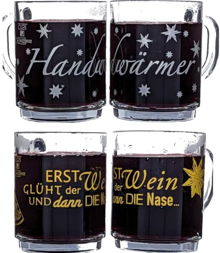 Glasveredlung Schmitz Glühweinbecher Glühweintasse 27 cl, schwere Ausführung 320 g, stapelbar, gehärtet, Füllstrich 0,2 l, Dekore 2-fach sortiert, 4 Stück