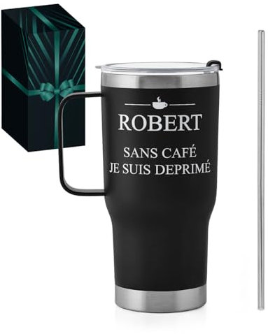 Maverton Mug Isotherme Gravé Noir 0,6l en Acier Inoxydable avec Paille et Boîte - chaud 6h/froid 10h - Cadeau Homme Personnalisé - Cadeau anniversaire homme cafe
