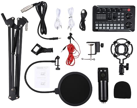 CHOYUE Kit de microphone à suspension Carte son professionnelle, microphone et support de bras de micro F998 Carte son en direct BM800 Microphone à condensateur Support antichoc Pare-brise Filtre anti