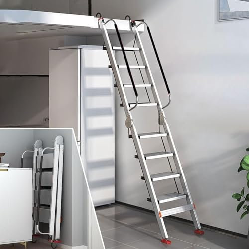 Aluminium-Teleskopleiter, 220–240 Cm, Tragbare Faltbare Dachbodentreppe Mit 18 Cm Dicken Pedalen, Rutschfesten Armlehnen Und Fußpolstern, Max. 150 Kg, Notleiter Für Dachboden, Dachfenster, Keller